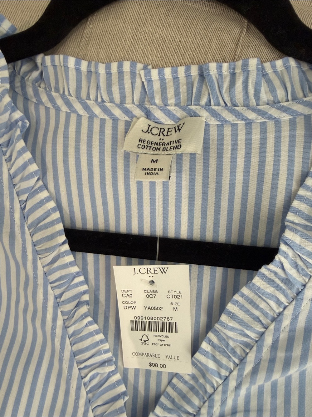 J. Crew Light Blue and White Striped Ruffle V-Neck Blouse